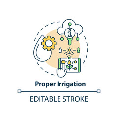 Proper irrigation concept icon. Automated watering system. Increased crop yield abstract idea thin line illustration. Isolated outline drawing. Editable stroke. Arial, Myriad Pro-Bold fonts used