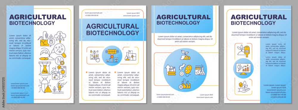 Wall mural agricultural biotechnology blue brochure template. leaflet design with linear icons. editable 4 vect - Wall murals