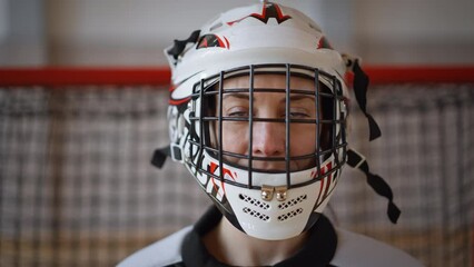 Close-up of woman floorball goalkeeper putting on helmet and preapring for game in gym. - Powered by Adobe