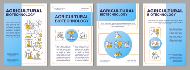 Agricultural biotechnology blue brochure template. Leaflet design with linear icons. Editable 4 vector layouts for presentation, annual reports. Arial-Black, Myriad Pro-Regular fonts used