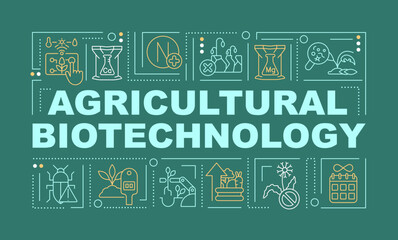 Agricultural biotechnology word concepts dark green banner. Infographics with editable icons on color background. Isolated typography. Vector illustration with text. Arial-Black font used