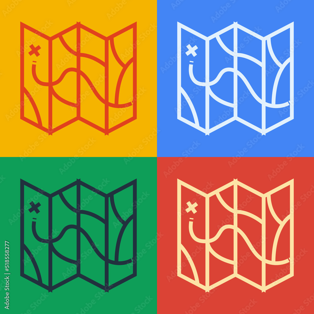 Poster Pop art line Folded map icon isolated on color background. Vector
