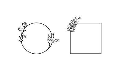 Frames with botanical doodle decoration. Leaf branches simple and elegant circles and squares. Romantic floral design. Vector illustration.