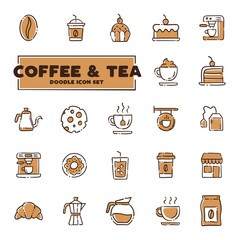 Coffee shop doodle vector icon set. Cartoon bakery for cafe menu.