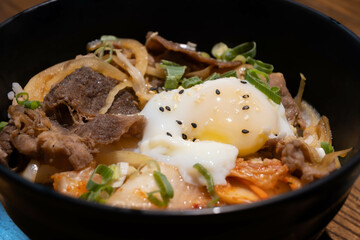 Beef bowl with half-cooked egg