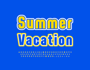 Vector colorful banner Summer Vacation. Yellow and Blue bright Font. Artistic Alphabet Letters, Numbers and Symbols.