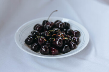 Fresh ripe dark black huge sweet cherries and water drops on white plate, light cloth background. Rustic organic fruits to eat.  Bio and eco berries for jam, juice, smoothie, desserts. Selective focus