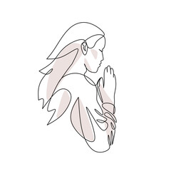 vector illustration of praying girl drawn in line-art style - obrazy, fototapety, plakaty