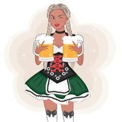 Girl in traditional attire with beer celebrating Oktoberfest, vector illustration