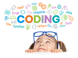 Beautiful cute little girl with eyeglasses looking at colorful CODING word, symbols and commands...