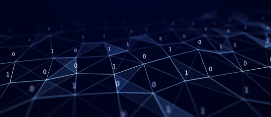 Cybersecurity. Abstract connections background. Network connected with dots. Binary code. Flying nombers. Data protection. Big data analysis. 3d rendering illustration