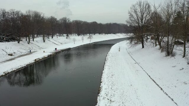 Ostravice River during winter in Ostrava, Czech Republic, 4k video