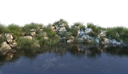 Puddles of rocks and grass on a white background.