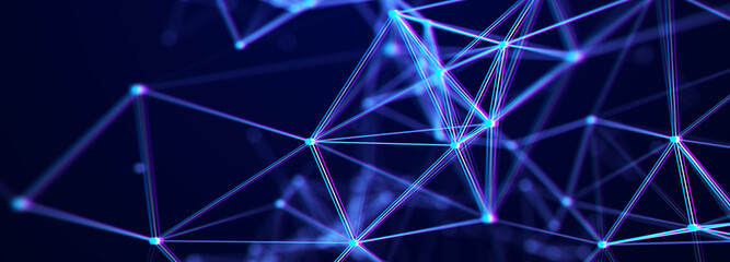 Plexus of lines and dots. Glitch connection. Connected particles. Network geometry background. 3d rendering