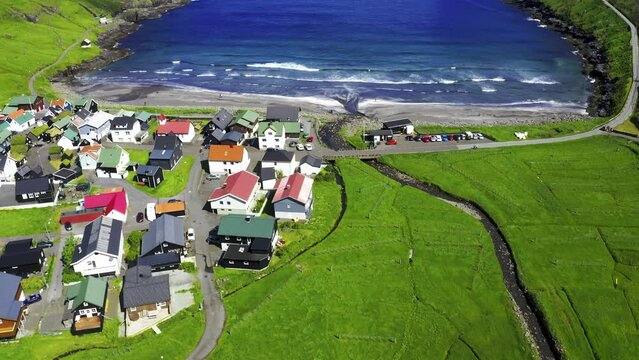 Aerial of a village in Faroe Islands