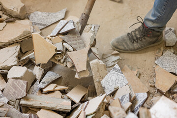 A pile of concrete debris from a building. Destroyed cement building. Concrete fragments of the...