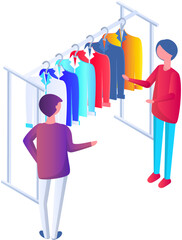 Choosing clothes in store with consultant. Shop assistant helps buyer to choose product during shopping. Customer service in mall. People stand near hangers with clothes in store or boutique