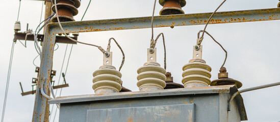 High voltage circuit breaker,insulators and conductors in a power substation.Close up.