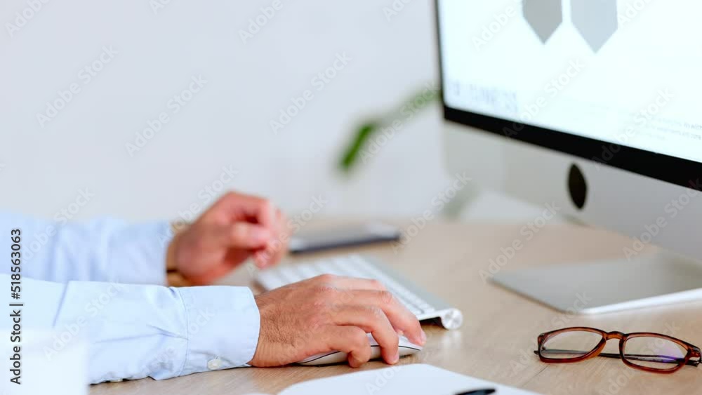 Poster Busy male employee coding software and managing appointments in a modern workplace. Hands of business man typing on a keyboard and using a wireless mouse at a desk inside an office.