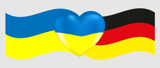Vector drawing volume heart in the colors of the Ukrainian flag and flags of Ukraine and Germany flag