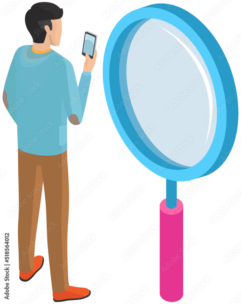 Poster male character searching for information on phone, using mobile application with magnifying glass, c