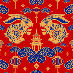 Seamless pattern with chinese new year 2023 or mid autumn festival zodiac year of the rabbit sign with asian elements.
