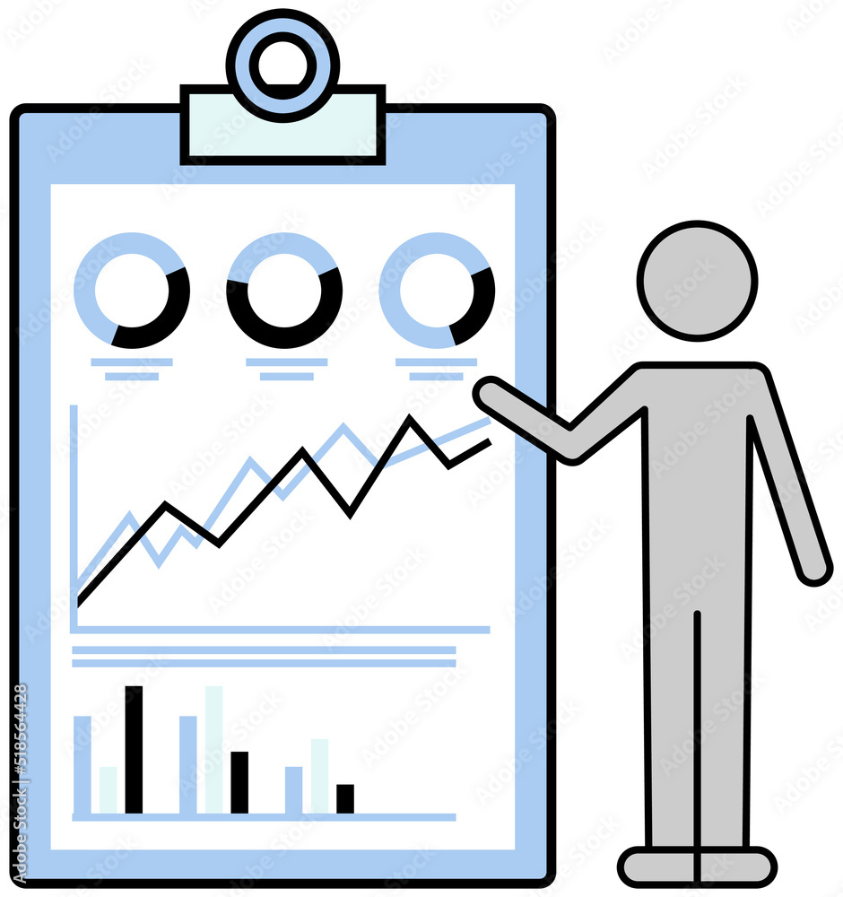 Poster business analytics and statistics. performance with chart. financial accounting report on board. man