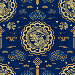 Seamless pattern with chinese new year 2023 or mid autumn festival zodiac year of the rabbit sign with asian elements.
