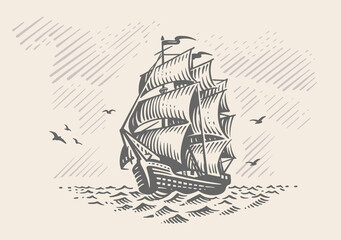 Sailing ship sketch. Old Fashioned Vintage - obrazy, fototapety, plakaty