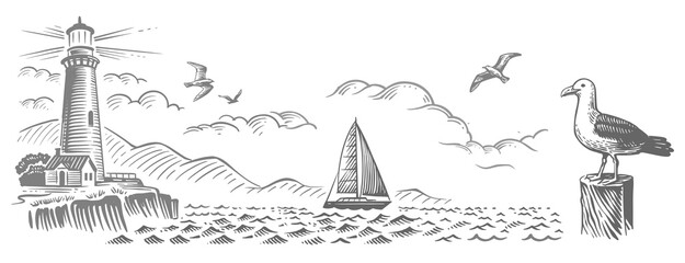 Landscape, sea, sailboat, lighthouse. Hand drawn vector illustration
