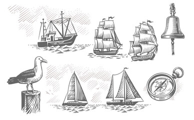 Sailing ship sketch. Nautical hand drawn vector set - obrazy, fototapety, plakaty