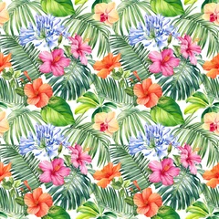 Foto op Plexiglas Palm leaves, tropical flowers, floral Seamless patterns. © Hanna