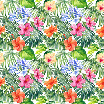Palm leaves, tropical flowers, floral Seamless patterns.