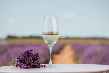 Glass of white wine and bottle in a lavender field in Provance. Violet flowers on the background - 518565020