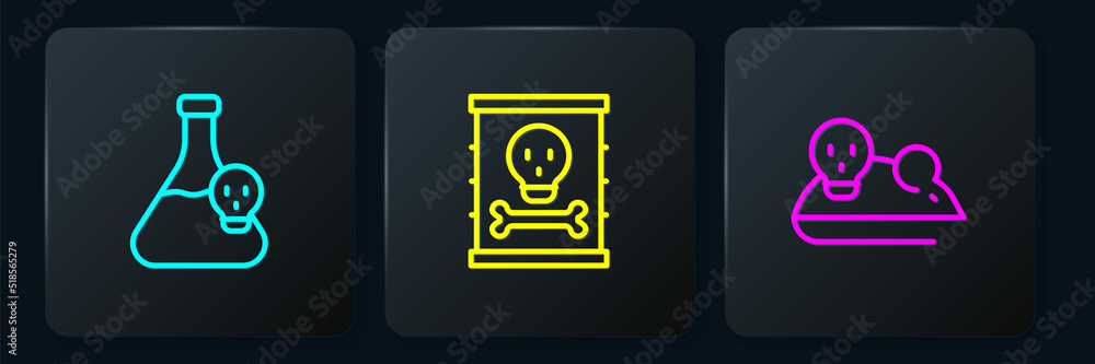 Poster set line beaker with toxic liquid, experimental mouse and radioactive waste in barrel. black square 