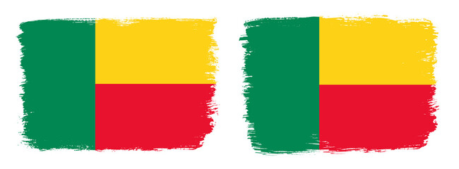 A set of two vector brush flags of Benin with abstract shape brush stroke effect