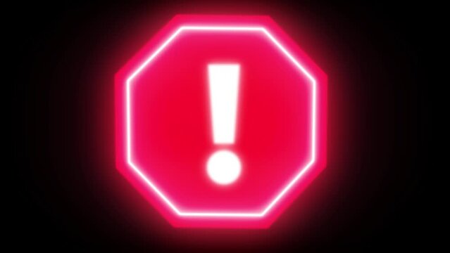 Attention Sign Red Exclamation Mark Glowing on  black background. Animation of Octagonal warning icon isolated on alpha channel. 