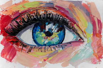 Fototapeta premium Handmad conceptual abstract picture of the eye. Oil female portrait painting. Painting in colorful colors. Conceptual abstract closeup of watercolor paint and brush on paper.