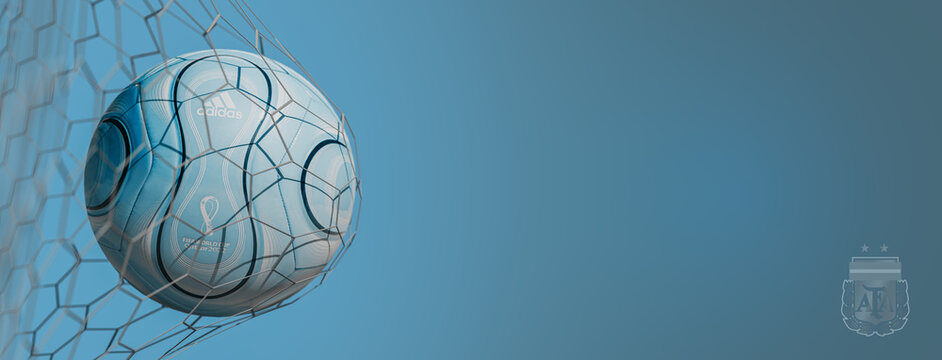 Guilherand-Granges, France - July 22, 2022. FIFA World cup Qatar 2022. Soccer ball in net with official logo of Argentine Football Association. 3D rendering.