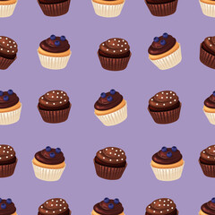 Seamless pattern of cupcakes with blueberries and chocolate on purple background.
