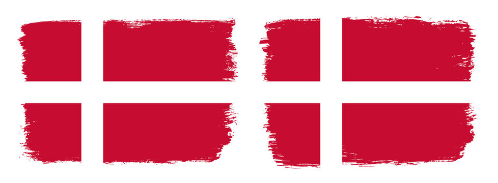 A set of two vector brush flags of Denmark with abstract shape brush stroke effect