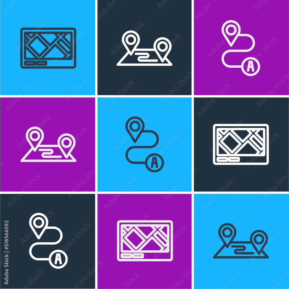 Poster set line gps device with map, route location and icon. vector
