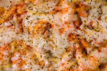 Pizza with cheese, ketchup, mayonnaise and seasoning