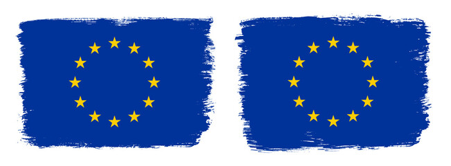 A set of two vector brush flags of European Union with abstract shape brush stroke effect