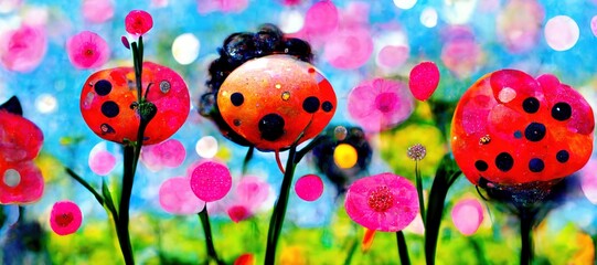 Fototapeta na wymiar Trippy hallucinations of impossibly vibrant surreal flower blooms. Polka dots and bokeh blur psychedelic extravaganza. 