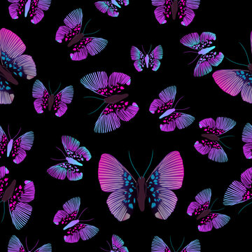 Butterfly pattern. Seamless background with purple and neon butterflies. Vector illustration