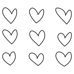 Heart symbols isolated on a white background Red hand drawn icons for love, wedding, Valentine's day or other romantic design. 