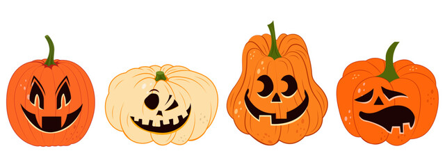 Carved Halloween pumpkin with spooky face. Halloween vector illustration. Ready to print.