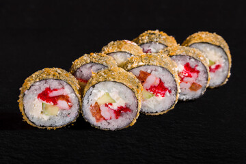 Warm breaded roll with nori, rice, shrimp, cucumber