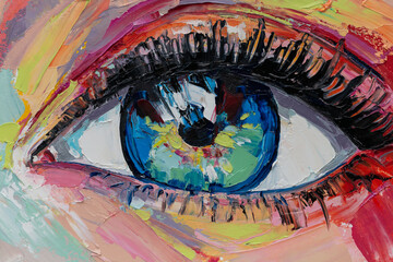 Handmad conceptual abstract picture of the eye. Oil female portrait painting. Painting in colorful colors. Conceptual abstract closeup of watercolor paint and brush on paper.